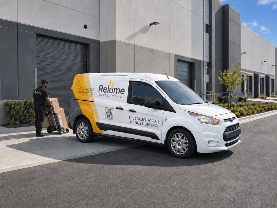 Relume Distributing delivery van unloading at a warehouse loading dock