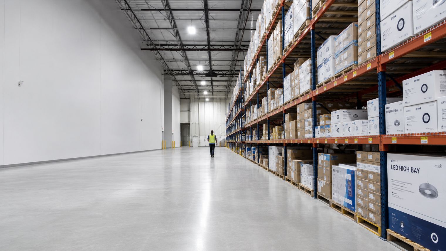 Relume Distributing warehouse aisle stocked with LED lighting fixtures